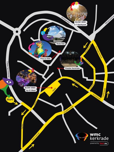Plattegrond met een aantal grote straten in Kerkrade en de route van de openingsparade geel gemarkeerd. Daarnaast een aantal rondjes met foto's van locaties en de namen van de locaties of evenementen: BLOW! WMC op d'r Maat, Viva la Vida standbeeld, Rodahal, Theater KErkrade, BLOW! WMC in 't Sjtadspark