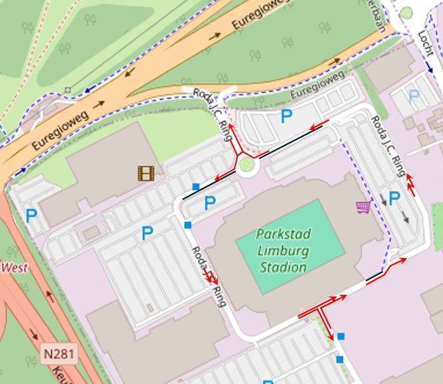 Plattegrond van de Roda JC Ring waar de route op is aangegeven.