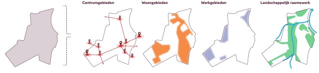 Een vierluik van kaartjes van Kerkrade waarop respectievelijk de locaties van de centrumgebieden, de woongebieden, de werkgebieden en het landschappelijk raamwerk staan ingetekend. 