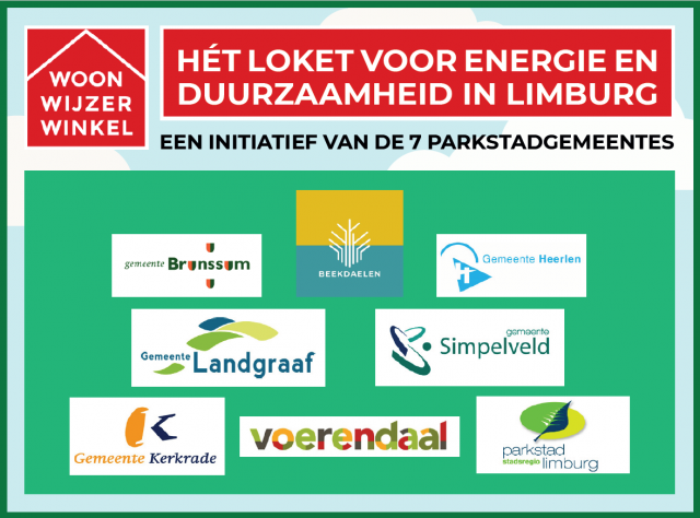 WoonWijzerWinkel Het loket voor energie en duurzaamheid in Limburg, met daaronder de logo's van Parkstad Limburg en de zeven gemeentes