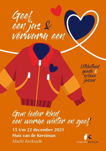 Poster jassenactie met de tekst: geef een jas en verwarm een hart. Gun ieder kind een warme winter en geef!