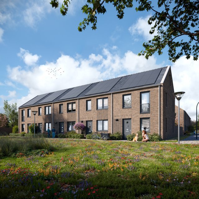 An impression of the new construction homes in Rolduckerveld. A block of four houses.