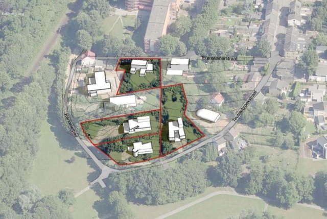An aerial photograph of the area between Erensteinerstraat, Kerkvoetpad and Teutelebroekstraat. In the photo, four lots are marked in red and impressions of homes are shown with white blocks. 