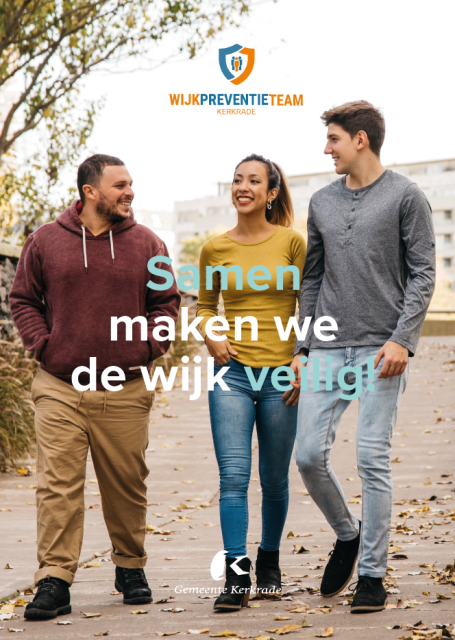 3 lopende mensen. Tekst: Samen maken we de wijk veilig!