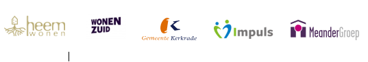 Logo's van HEEMwonen, Wonen Zuid, Gemeente Kerkrade, Impuls en MeanderGroep