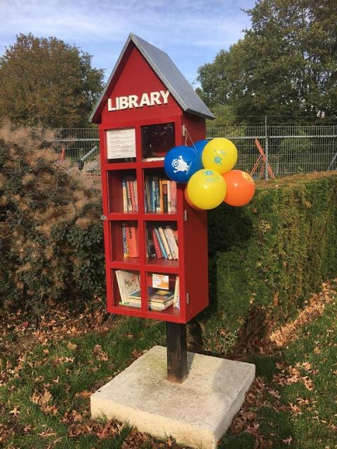 Een minibieb, een rood kastje in de vorm van een huisje met daarin boeken. Aan de zijkant hangen ballonnen. Het kastje staat buiten.