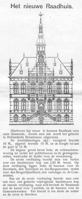 Krantenartikel het nieuwe raadhuis met een tekening van het raadhuis