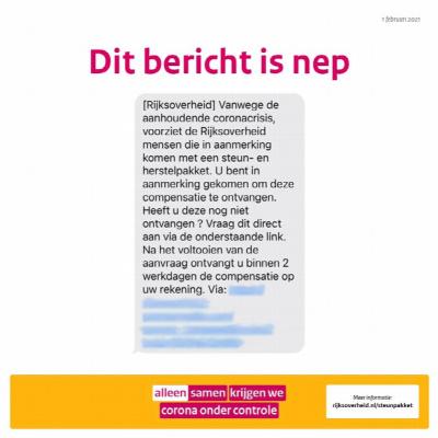 In deze afbeelding is een voorbeeld te zien van een nep sms-bericht, dat claimt afkomstig te zijn van de Rijksoverheid. Dit is niet het geval.