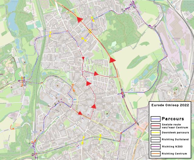 Een plattegrond met daarop de route van de Eurode Omloop en alle omleidingen en routes