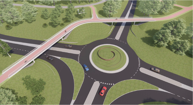 De nieuwe rotonde met twee extra afslagen, één richting de Voorterstraat en één vanuit het centrum/Stationsstraat. Voor voetgangers en fietsers komen er twee bruggen.