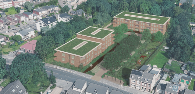 Een impressie-luchtfoto van de gebouwen met groene daken in een groene omgeving