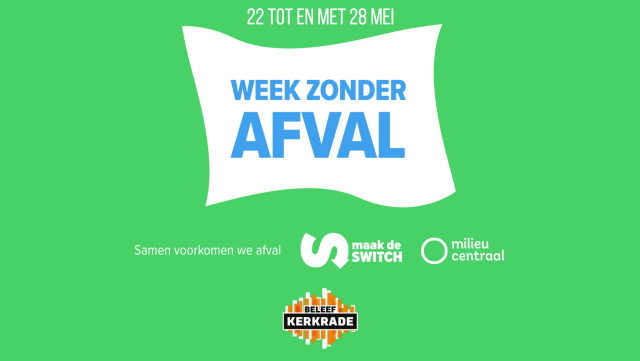 Blauwe tekst week zonder afval op een witte vlag tegen een groene achtergrond