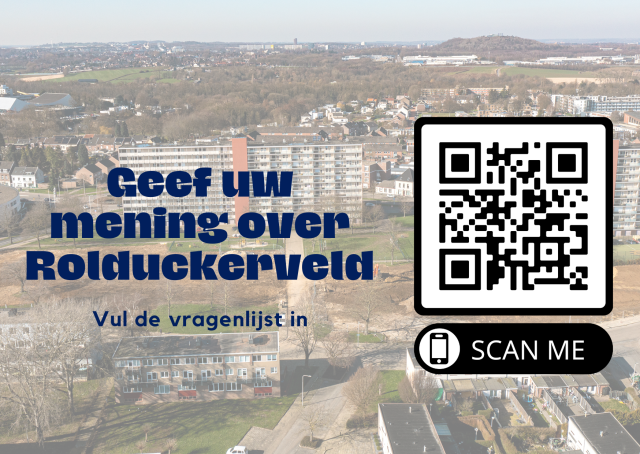 Afbeelding met de tekst "Geef uw mening over rolduckerveld - vul de vragenlijst in'' inclusief QR-code naar de vragenlijst. 