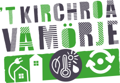 Green-black logo of 't Kirchroa va Mörje with icons underneath depicting the three pillars 'Energy-efficient living and working', 'climate adaptation' and 'Circularity'. The 'climate adaptation' icon is shaded.