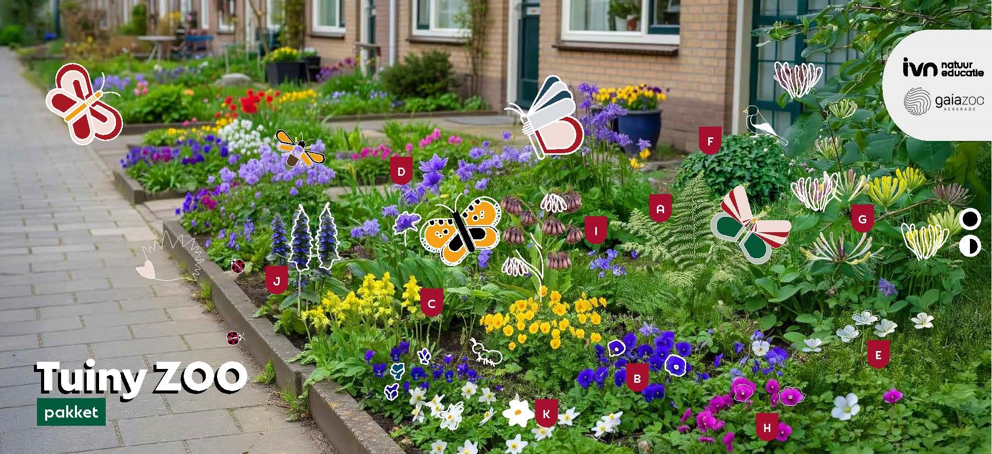 A little garden with the blooming flowers from the Tuiny ZOO package for shade and semi-shade. Embellished with illustrations of the animals attracted by the flowers. It also features the logos of IVN and Gaia ZOO.   