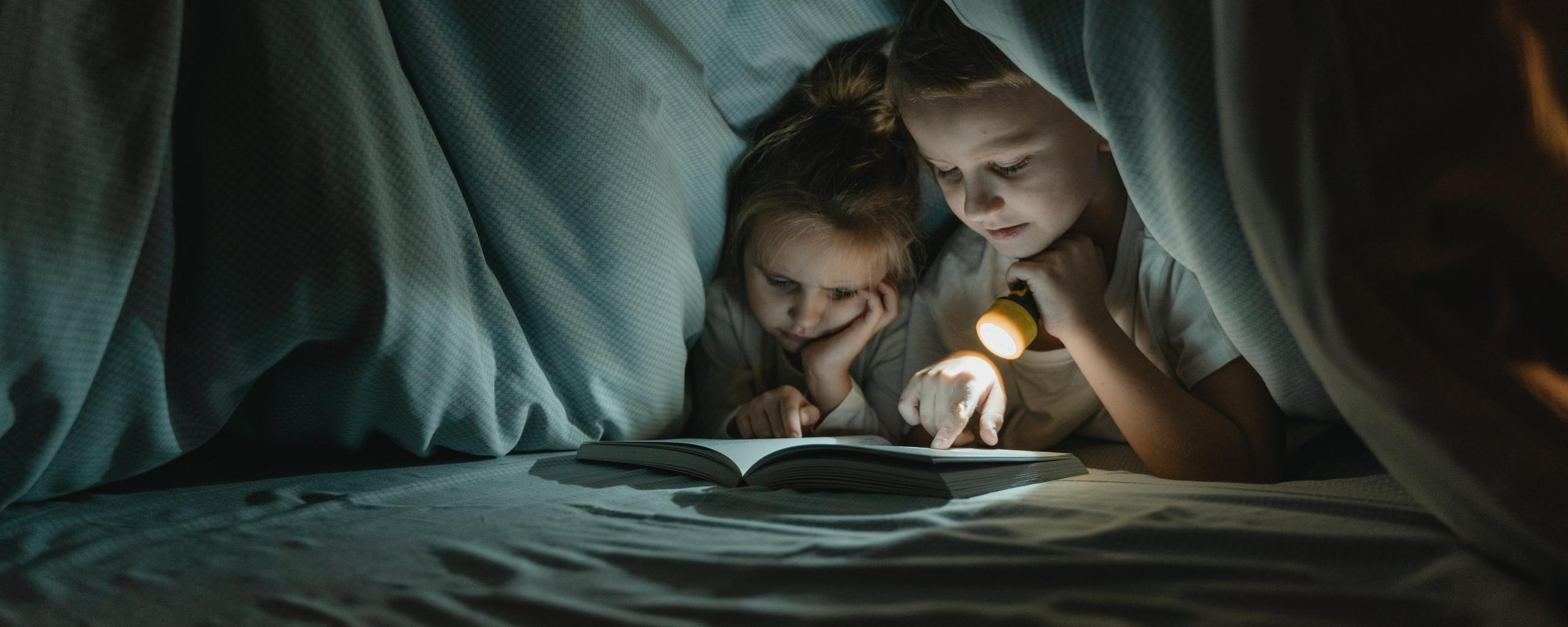 Twee kinderen die met een zaklamp aan een boek lezen onder de dekens.