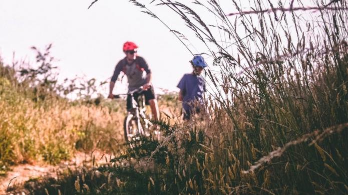 Op de voorgrond zien we sprieten droog gras. Op de achtergrond twee mountainbikers die op een zandpad fietsen.
