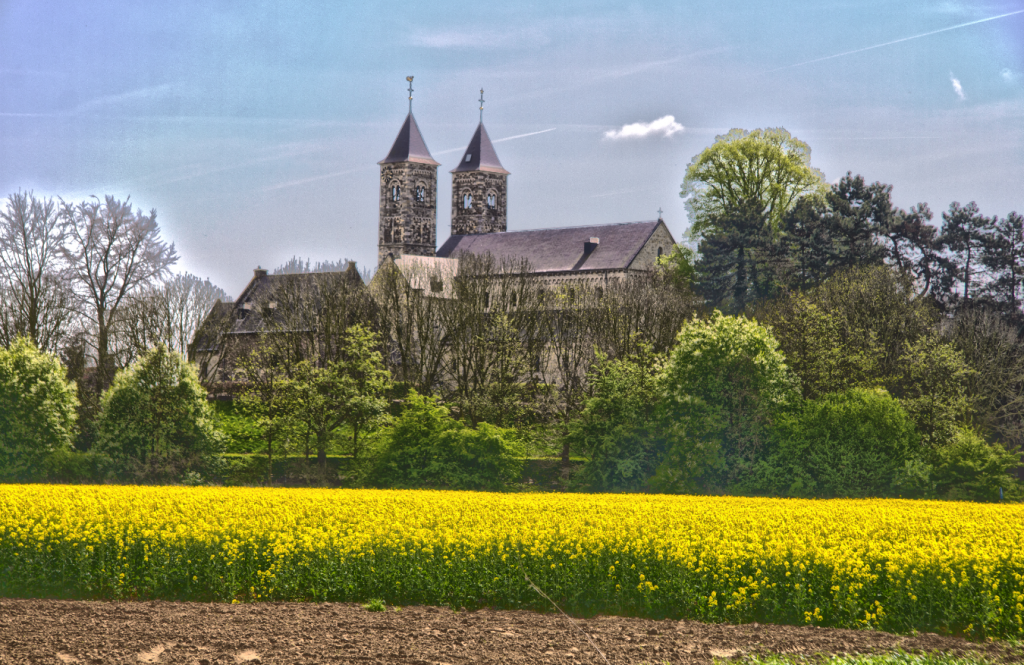 Achter een geel bloemenveld ligt de basiliek van Sint Odilienberg