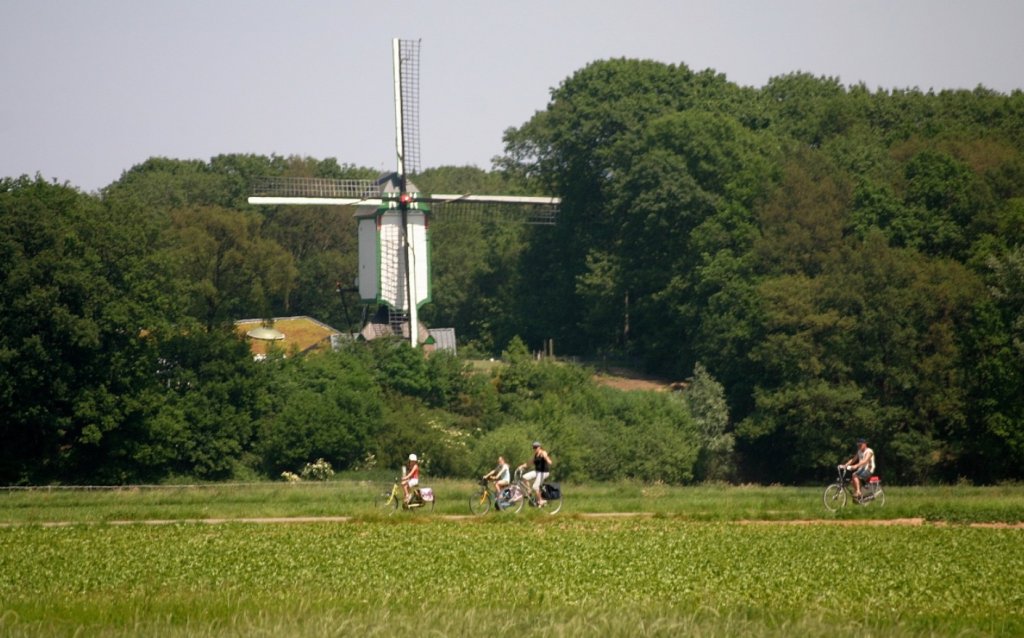 Fietsers in de Melicker ohe. Op de achtergrond een witte molen. 