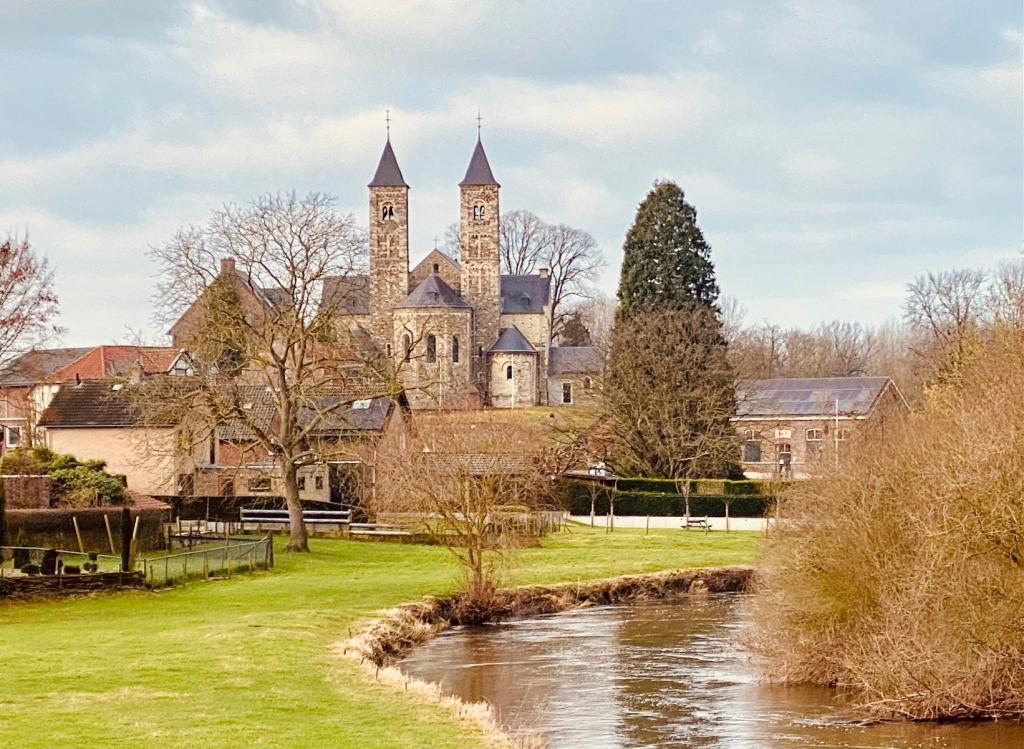 Uitzicht op de basiliek in Sint Odiliënberg. We zien rechts het water, links gras en de torens van de basiliek omringt door bomen.