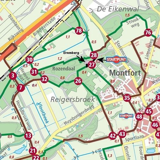 Een kaartje met de knooppuntenroute. Via knooppunt 13, 21, 22, 42, 26 en 27 ben je weer terug bij de parkeerplek. Startplek: parkeerplek kruising Rozendaal/Voorste Rozendaalweg Rozendaal: 28 – 78 – 30 – 31 – 32 – 26- 27. Dit is 3,5 kilometer. Rozendaal en Reigersbroek: 28 – 78 – 30 – 31 – 32 –( 3 )– 7- 13- 21 -22- 42 – 26 – 27. Dat is 7 kilometer. Let op: dit is een ouder kaartje, knooppunt 63 kasteel Montfort ontbreekt