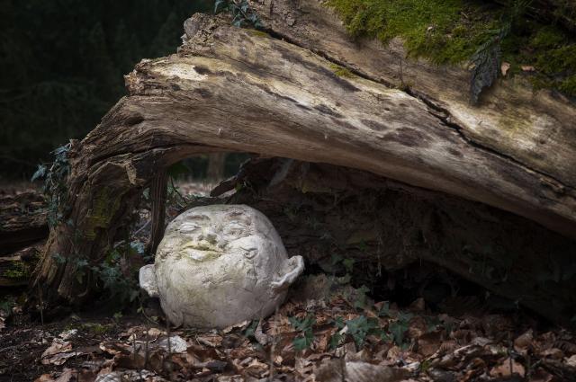 Een afgebroken boomstam met daaronder een hoofd gemaakt van wit keramiek. Het hoofd stelt een aerdmannetje voor.