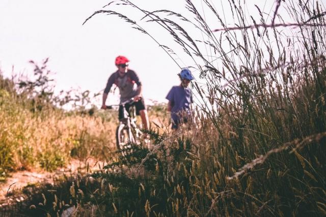 Op de voorgrond zien we sprieten droog gras. Op de achtergrond twee mountainbikers die op een zandpad fietsen.