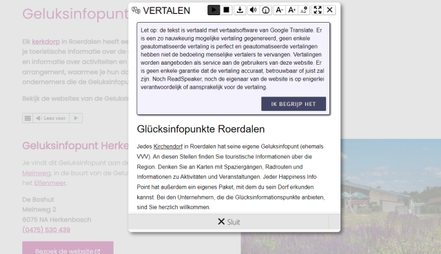 Der ausgewählte Text erscheint in der übersetzten Sprache. Sie können auf die Schaltfläche „Ik begrijp het“ (Ik begrijp het) klicken, um das violette Fenster zu schließen.