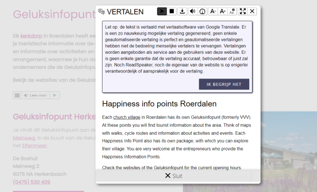 The selected text appears in the translated language. You can press the button 'Ik begrijp het' to close the purple window.