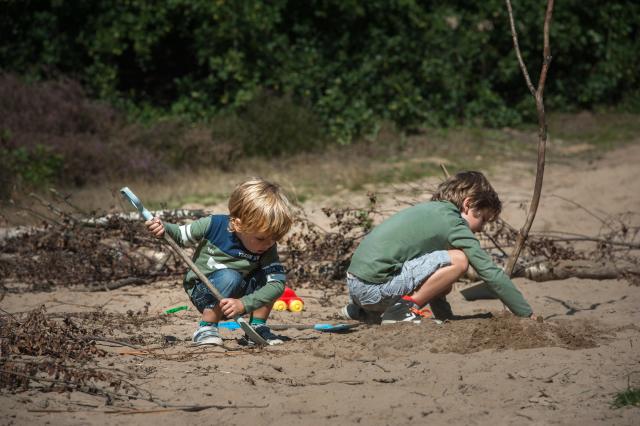 Twee kinderen die met een schep spelen in het zand van de duinen van Rozendaal.