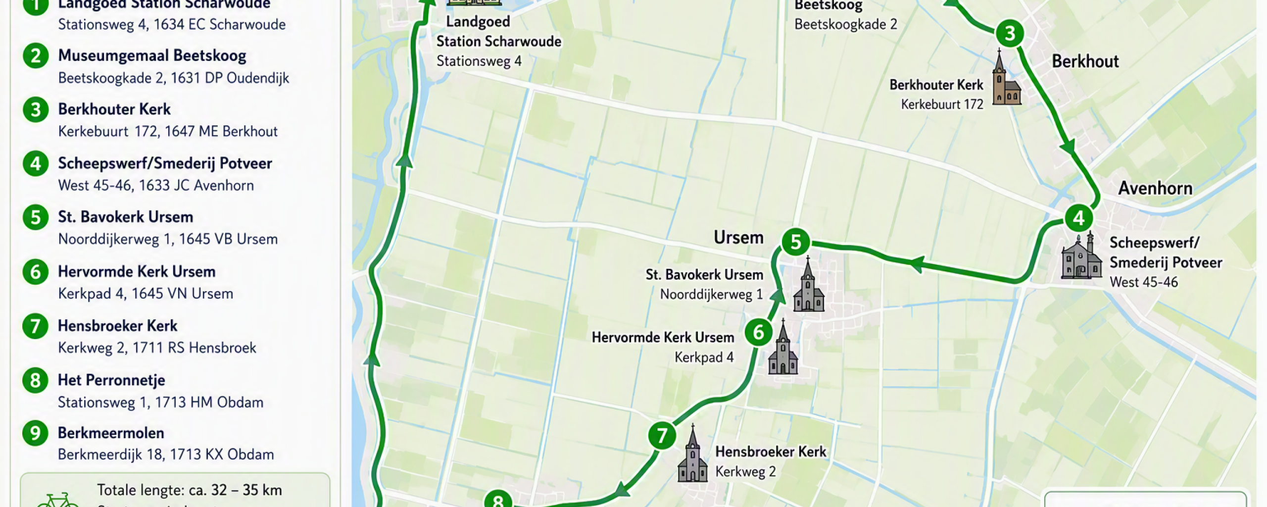 Illustratie van mogelijke (fiets)route langs alle monumenten die meedoen aan de Open Monumentendag in Koggenland.