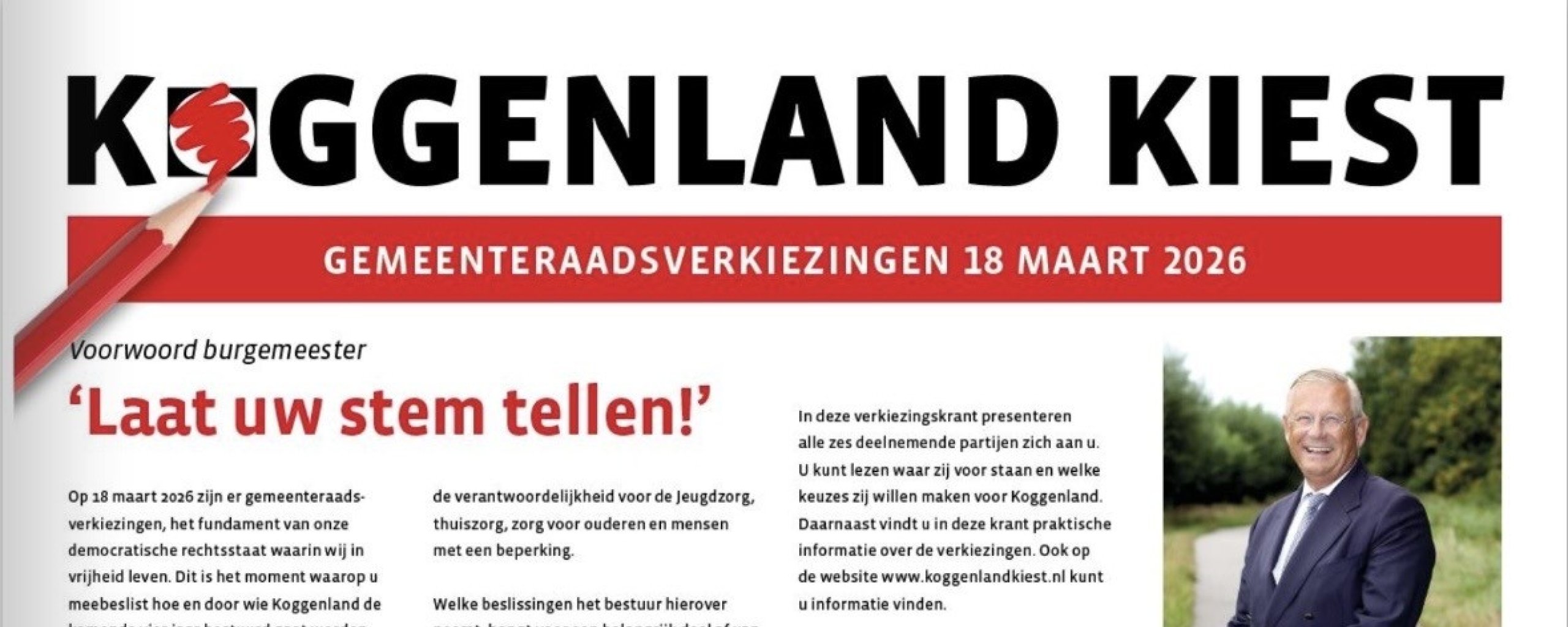 Het voorblad van de Koggenlandse verkiezingskrant voor 18 maart 2026.
