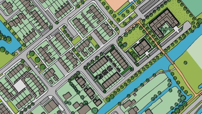 De afbeelding toont een schetsmodel van het stedenbouwkundig plan aan Het Veer. Welke woningen worden aangewezen voor CPO wordt op een later moment beslist door het college van burgemeester en wethouders.