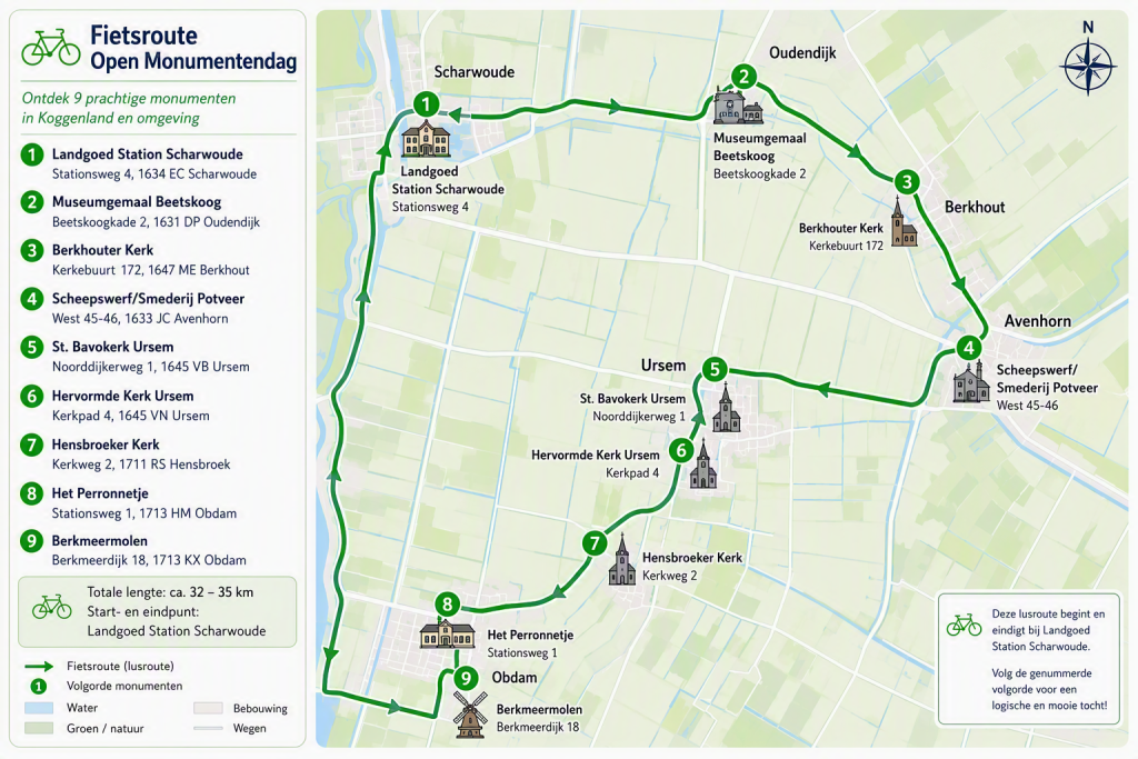 Illustratieve (fiets)route langs alle deelnemende monumenten van Koggenland. 