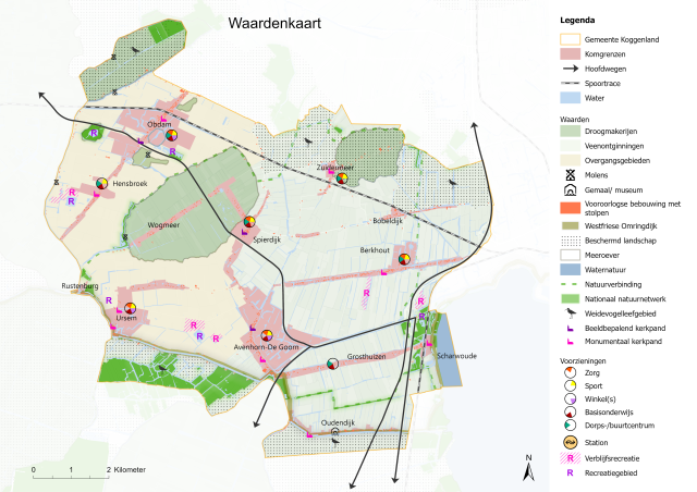 kaart met uitgelegd de waarden per gebied in Koggenland