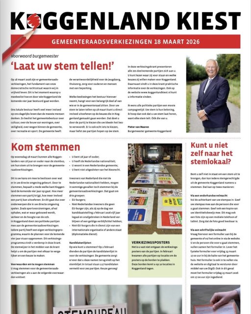 Het voorblad van de Koggenlandse verkiezingskrant voor 18 maart 2026.