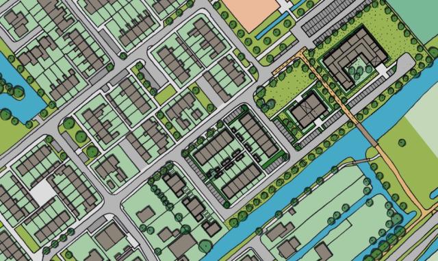 De afbeelding toont een schetsmodel van het stedenbouwkundig plan aan Het Veer. Welke woningen worden aangewezen voor CPO wordt op een later moment beslist door het college van burgemeester en wethouders.