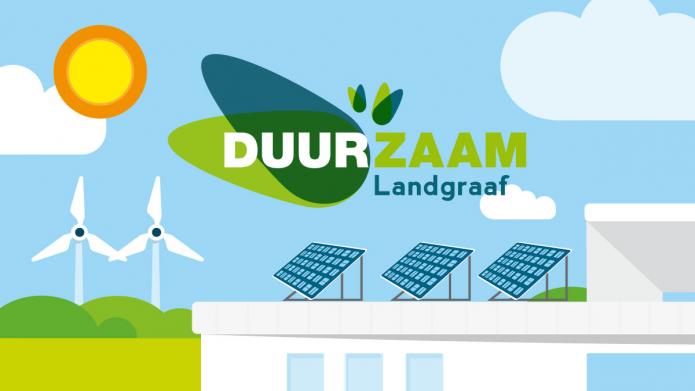 Logo Duurzaam Landgraaf met de zon, windmolens en zonnepanelen op daken van gebouwen. 