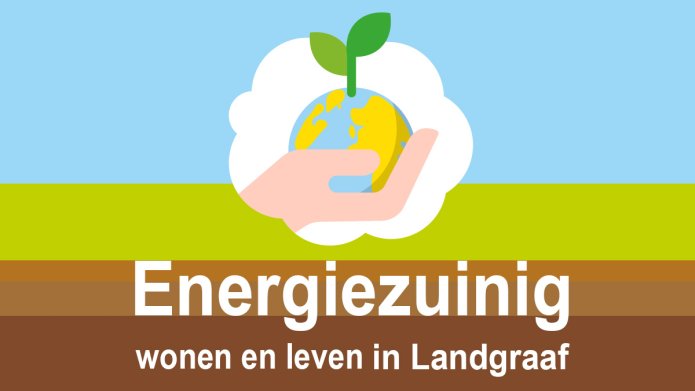 De tekst Energiezuinig wonen en leven in Landgraaf met daarboven een wolkje met een hand die een wereldbol koestert met een groen blaadje.