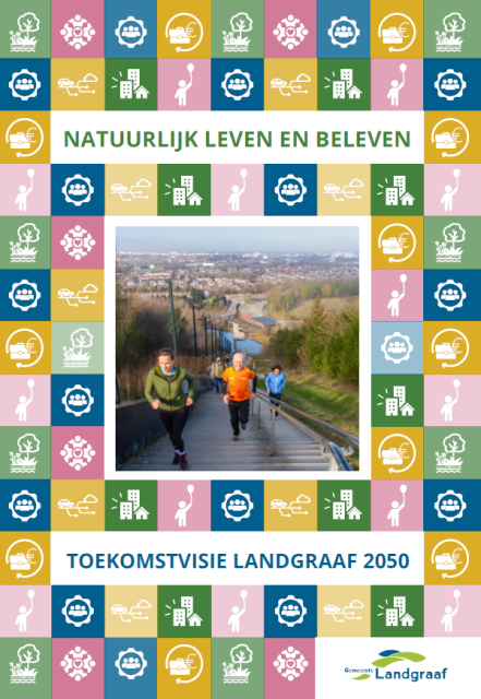 Voorblad van brochure Toekomstvisie Landgraaf 2050 - Natuurlijk leven en beleven met foto van sporteres op de trappen van de Wilhelminaberg