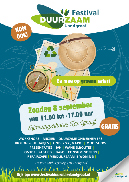 Poster Festival Duurzaam Landgraaf 2024 met als thema Ga mee op een groen safari. Kom ook!
