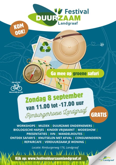 Poster met de aankondiging van het Festival Duurzaam Landgraaf op zondag 8 september van 11.00 tot 17 uur. Ga mee op een groene safari