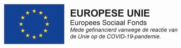 Logo Europese Unie. Blauw vlak met sterren in een rondje. Tekst: Europese Unie, Europees Sociaal Fonds, Mede gefinancierd vanwege de reactie van de Unie op de COVIC-19-pandemie