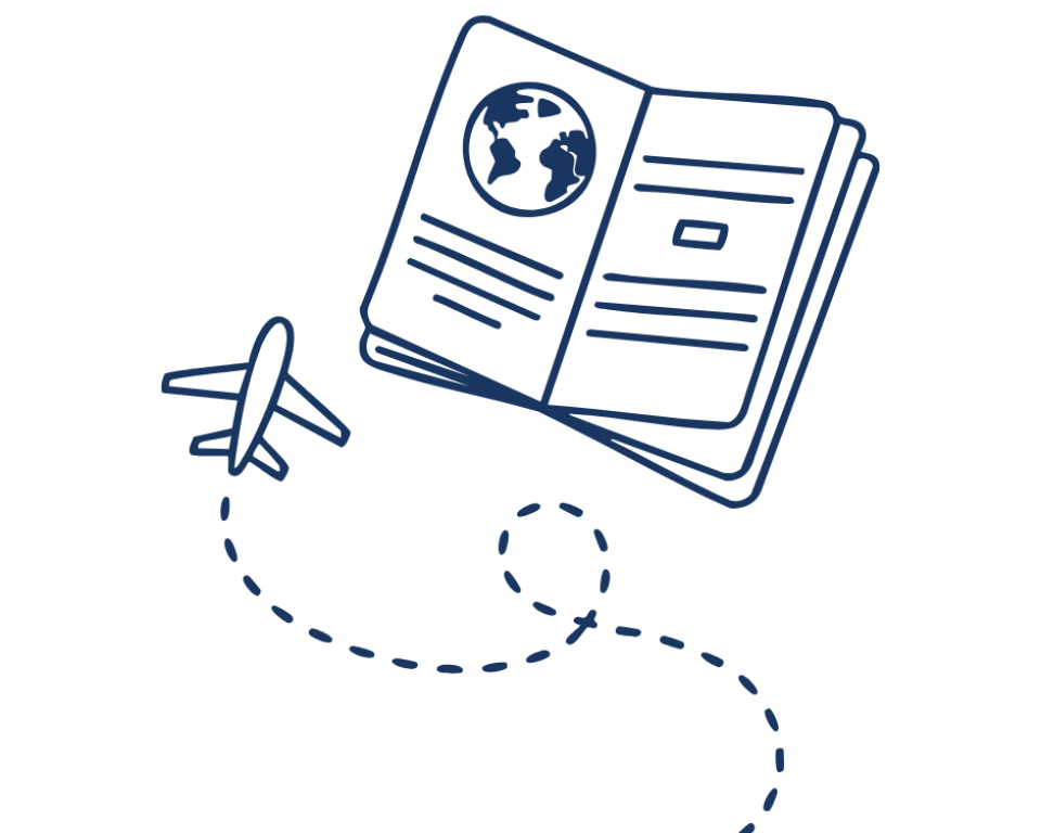 Tekening van een paspoort en een klein vliegtuig