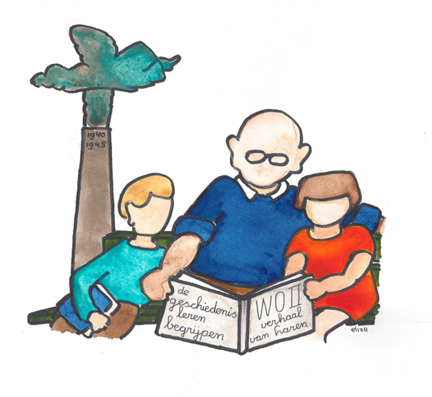 Tekening van een ouder persoon met twee kinderen die samen lezen over de Tweede Wereldoorlog