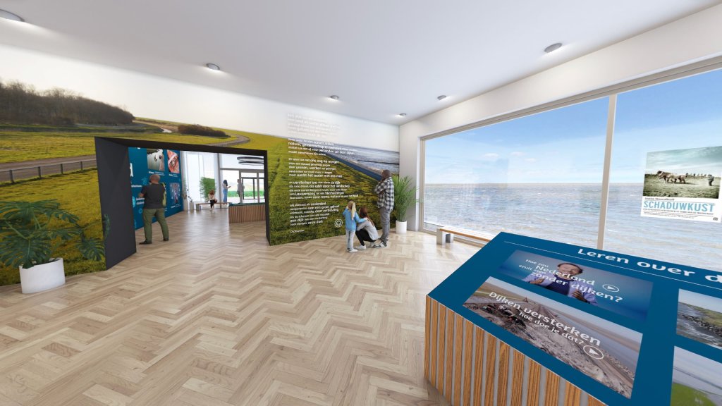 Beeld van de binnenkant van het virtuele bezoekerscentrum, met uitzicht op de Waddenzee
