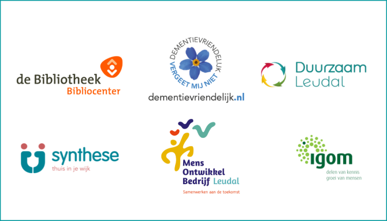 Logo's Bibliocenter, dementievriendelijk, Duurzaam Leudal, Synthese Leudal, MensOntwikkelBedrijf, IGOM
