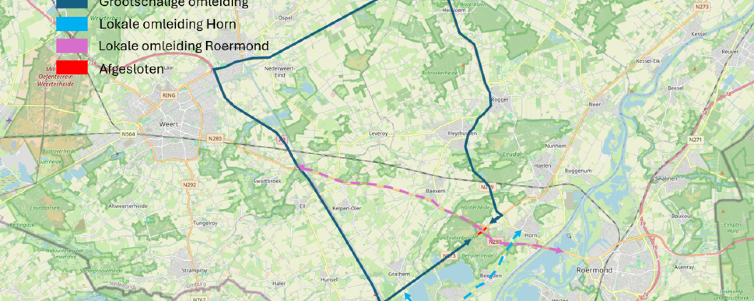 Kaartje met omleidingsroutes