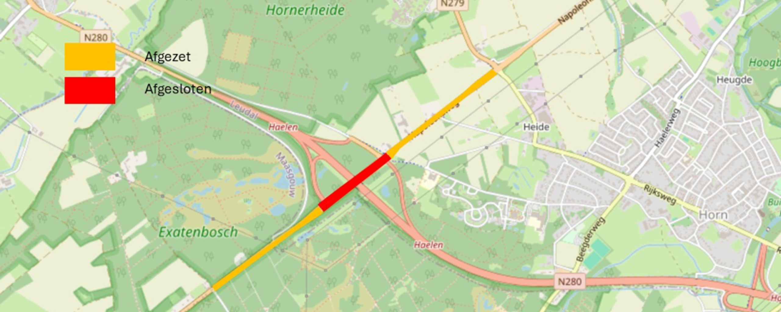 Kaart met hierop in rood en geel aangegeven waar de wegwerkzaamheden zijn.