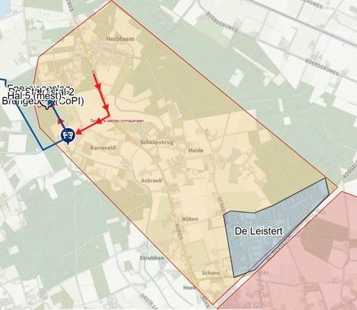 Kaartje waarop geel gebied gearceerd is met straten, stoepen en fietspaden die worden schoongeveegd door gemeente